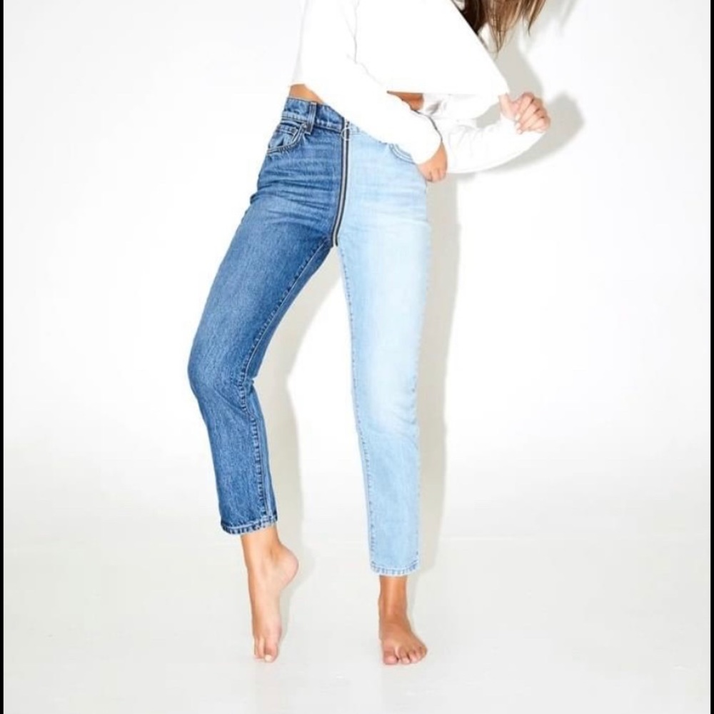 REVICE Two-Tone Straight Leg Jeans in Dark Blue & Light Blue